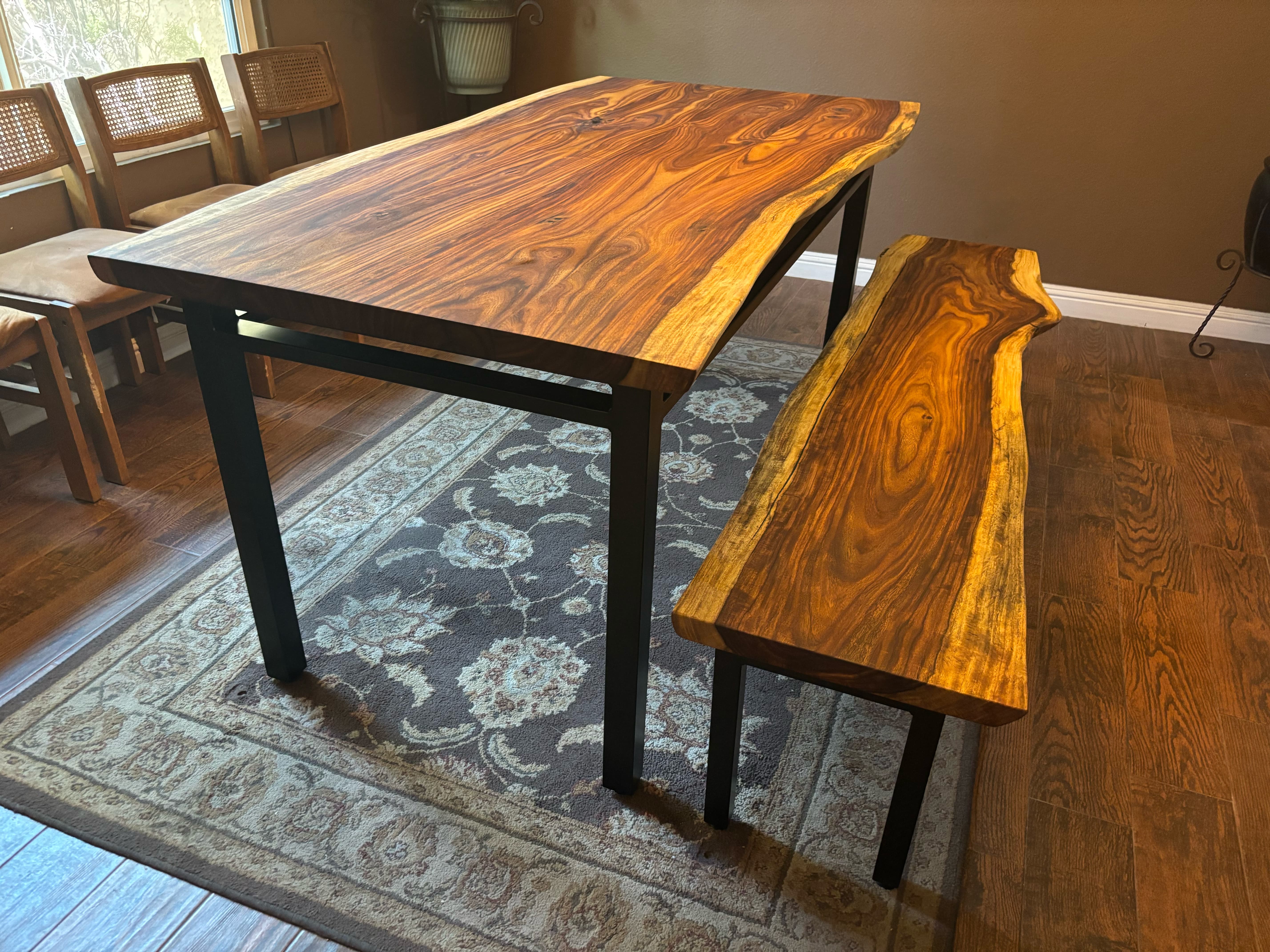 The finished live-edge table and matching bench