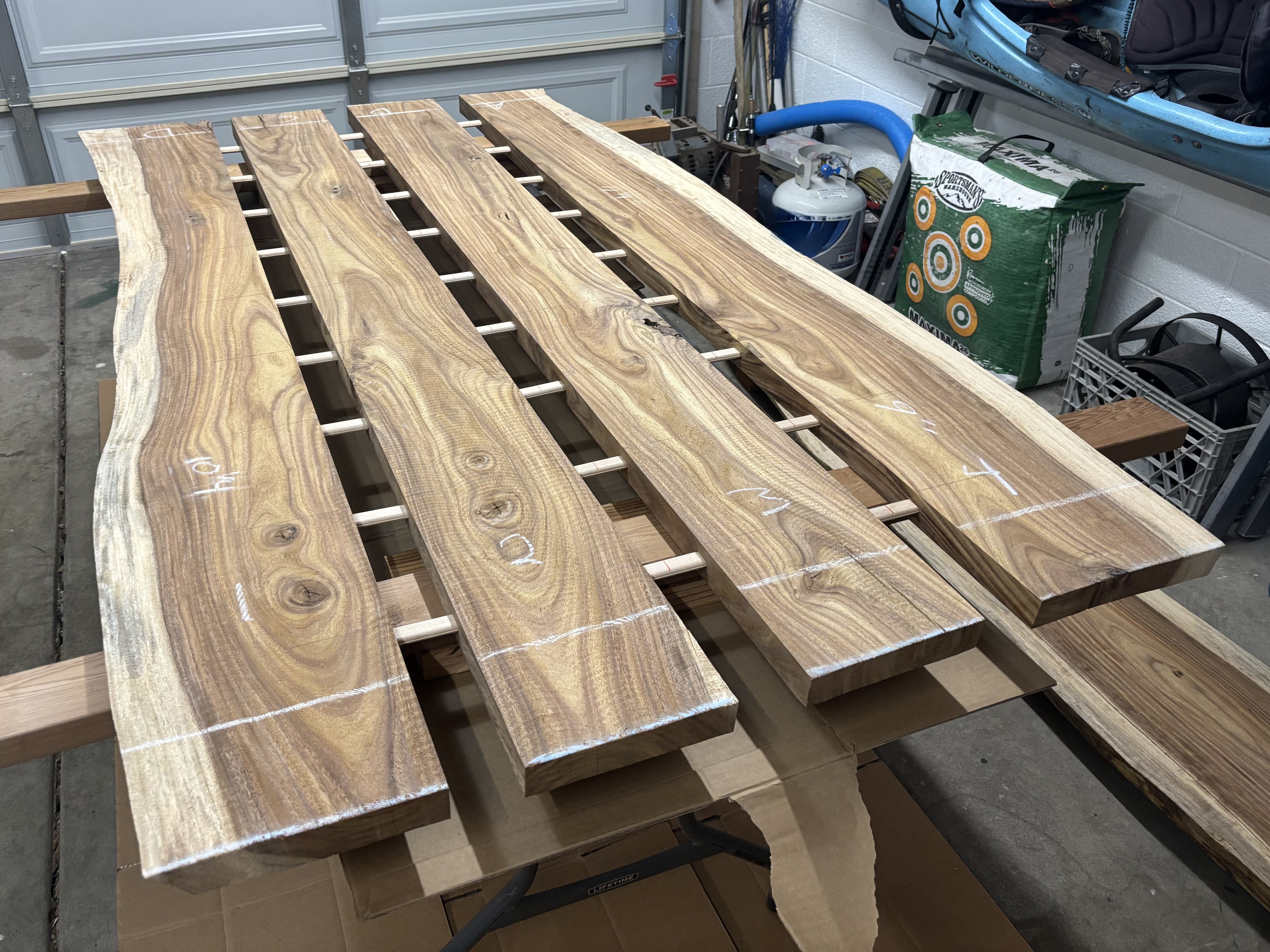 The four boards aligned for glue-up